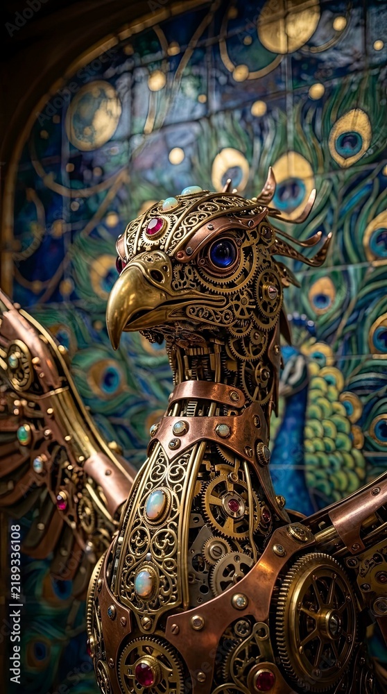 Fototapeta premium Steampunk mechanical phoenix with peacock background