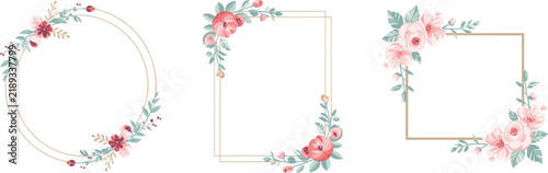 Set of three elegant golden floral frames with pink roses and green leaves, vector illustration