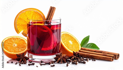 Glass of mulled wine with cinnamon and orange isolated on white background