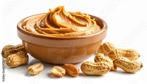 Creamy peanut butter spread with roasted peanuts isolated on white background