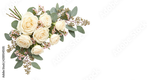 Elegant bouquet of white roses surrounded by greenery and delicate accents, isolated on transparent background