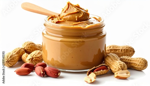 Glass jar of creamy peanut butter isolated on white background