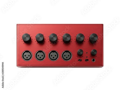 Red audio mixing console with multiple knobs and XLR inputs displayed against transparent background.