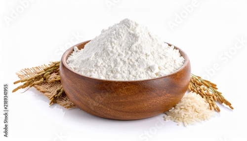 Bowl of rice flour isolated on white background