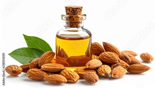 Bottle of almond oil with fresh almonds, isolated on white background, cosmetic and culinary ingredient photography