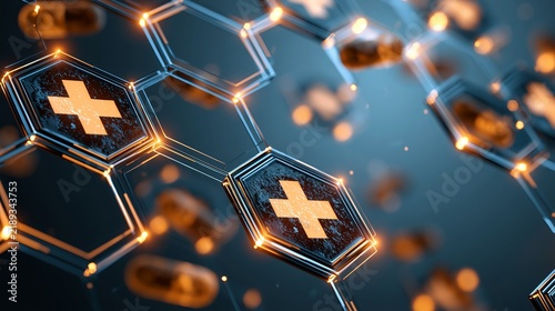 Glowing medical cross symbols inside hexagonal structures representing digital health technology and scientific innovation with depth of field and bokeh light
