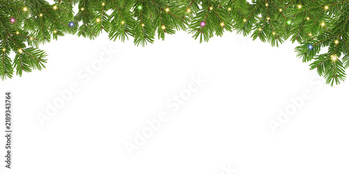 Christmash Fir frame with lights, Christmas wreath with glowing Christmas lights. Christmas tree border decoration	