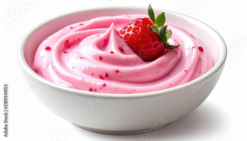 Bowl of creamy strawberry yogurt isolated on white background
