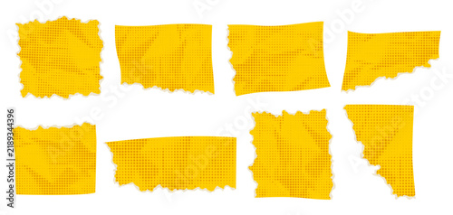Torn yellow piece of paper set. Halftone background. Paper note for text design.