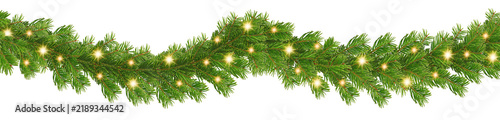 Horizontal Christmas garland with pine cones, fir branches, holly berries, glowing lights, and balls. Perfect for holiday banners, cards, and transparent background	
