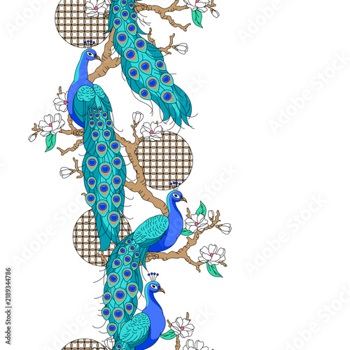 Seamless pattern with peacocks forest. Tropical exotic birds. Wild fauna of jungle.