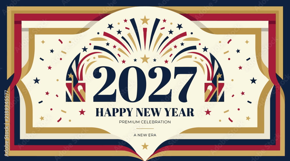 Obraz premium Happy new year 2027 premium celebration banner with fireworks and stars in a vintage frame design