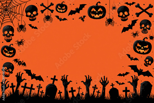 Halloween border frame with skulls, pumpkins, bats and zombie hands