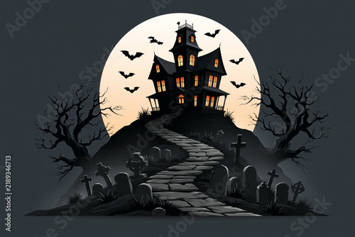 Haunted mansion atop hill with stone path and graveyard under full moon