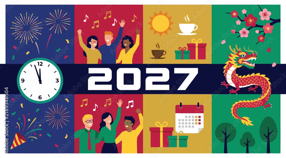 Fototapeta premium 2027 new year celebration concept with clock, fireworks, people, gifts, and dragon illustration