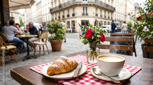 A beautifully plated croissant and cafe from France, featuring a golden, flaky croissant next to a steaming cup of coffee, with a Parisian cafe table setting, complete with a checkered napkin .