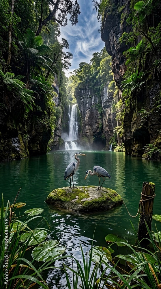 Obraz premium Two herons on a rock in front of a waterfall