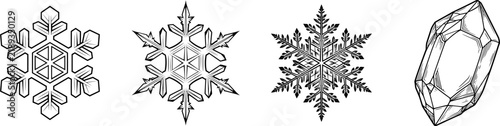 A pristine ice crystal in black and white line art showcases a geometric hexagonal shape with internal lines, isolated on a clean white background, perfect for vector tracing