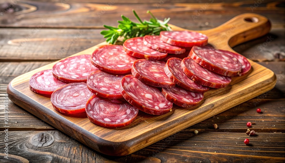 Fototapeta premium Fresh cured sausage slices arranged diagonally across a rustic wooden serving board, 3D Illustration.