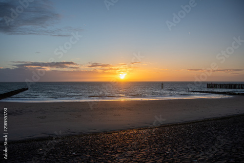 Sunset Over the North Sea at Westkapelle Beach, Zeeland, Netherlands