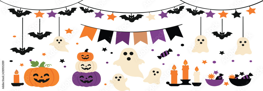 Naklejka premium Halloween Garland Bunting Decoration Set with Pumpkin Ghost Bat Spooky Autumn Holiday Party Elements Vector Illustration Graphic Design Artwork