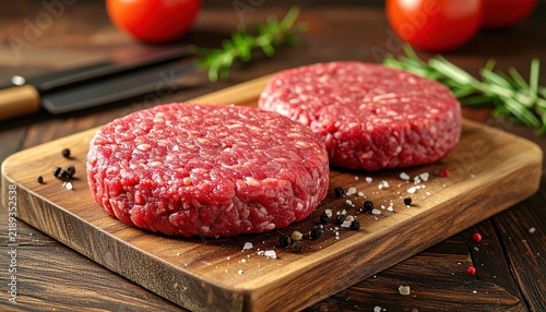 Two fresh raw ground beef burger patties resting on a wooden cutting board beside grilling tools, 3D Illustration.