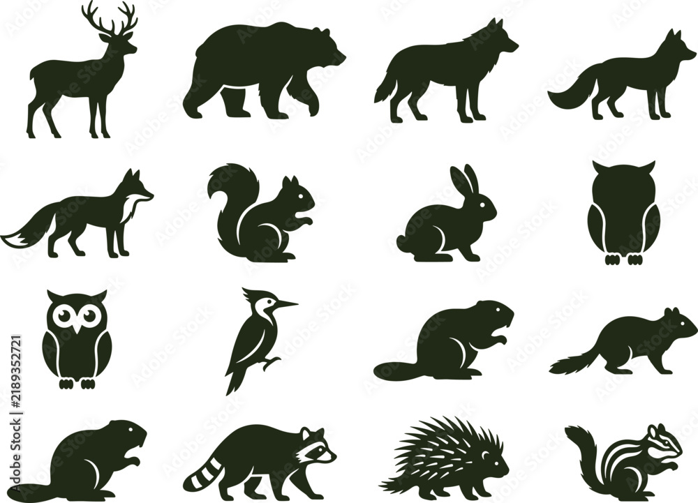 Fototapeta premium Collection of wild animal silhouettes featuring deer, bear, wolf, fox, squirrel, rabbit, owl, woodpecker, beaver, raccoon, porcupine, chipmunk