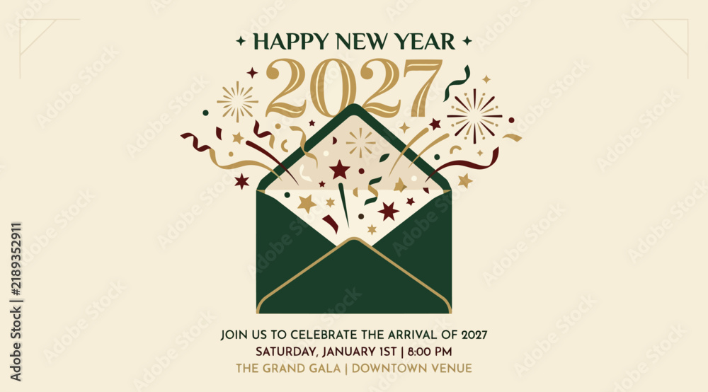 Fototapeta premium Elegant new year 2027 invitation card design with a green envelope and festive confetti elements on a light cream background