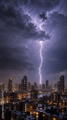 City skyline with lightning during a stormy night in an urban area