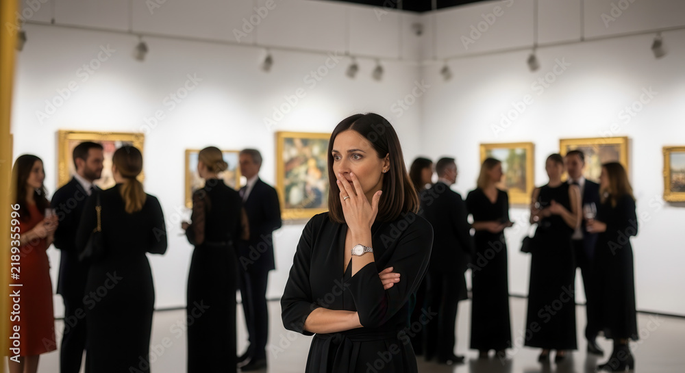 Obraz premium A distressed woman in a black dress stands in an art gallery, covering her mouth with her hand in shock or disbelief while other elegantly dressed guests mingle among framed paintings in.