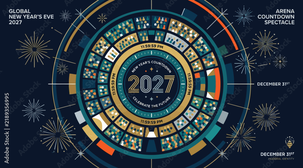 Fototapeta premium Global new years eve 2027 arena countdown spectacle circular calendar design with festive fireworks and futuristic clock interface for holiday event promotion