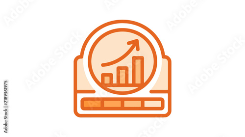 Orange business analytics bar chart with upward arrow.