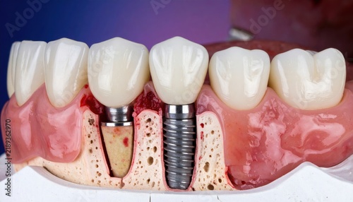 Dental implant integrating with jawbone tissue, osseointegration and healing process