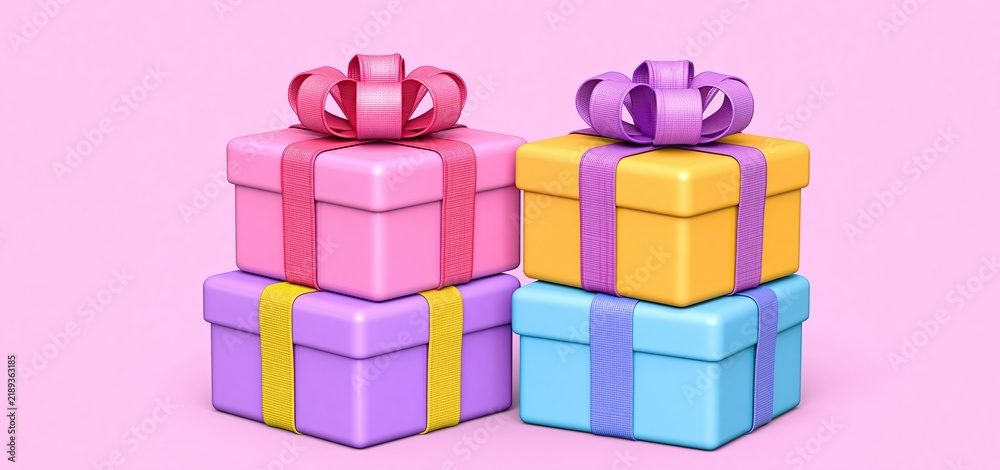 Naklejka premium Festive gift boxes adorned with ribbons set against a colorful backdrop for Singles Day shopping celebrations.