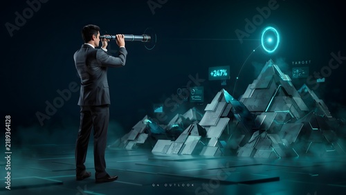 Professional businessman in dark suit uses vintage telescope to analyze digital growth charts representing future success within modern corporate landscape