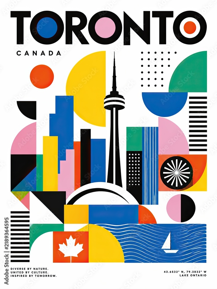 Obraz premium Colorful geometric Toronto, Canada poster featuring the CN Tower, city skyline, maple leaf, sailboat, and abstract urban shapes.