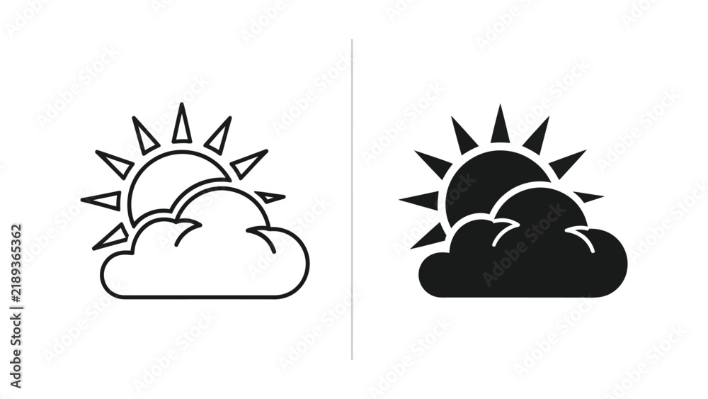Obraz premium Sunny weather cloud icons in line and solid style for climate forecast with sun icon
