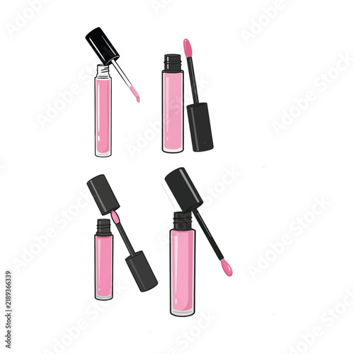 Cosmetic Lip Gloss Tubes With Pink Liquid And Applicator Wand Beauty Illustration