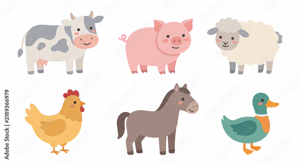 Obraz premium Cute Farm Animals Vector Set, Flat Cartoon Cow, Pig, Sheep, Horse, Duck, Chicken Clipart Isolated on White Background for Toddlers Education