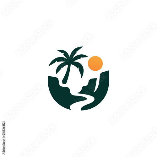 Nature-inspired hand logo holding a tropical landscape with palm tree and sun, suitable for eco travel, resorts, conservation, and sustainable tourism.