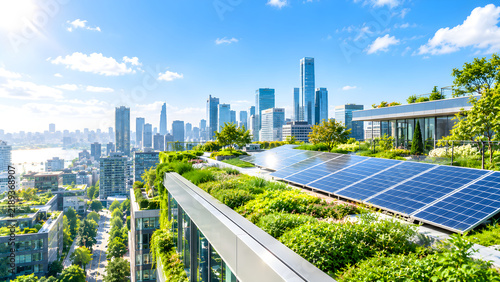 Sustainable city skyline with solar panels and green rooftop vegetation
