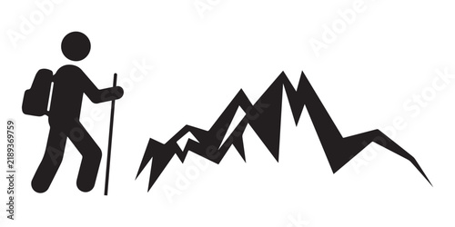 Принти на полотні Hiker silhouette with mountain range on white background