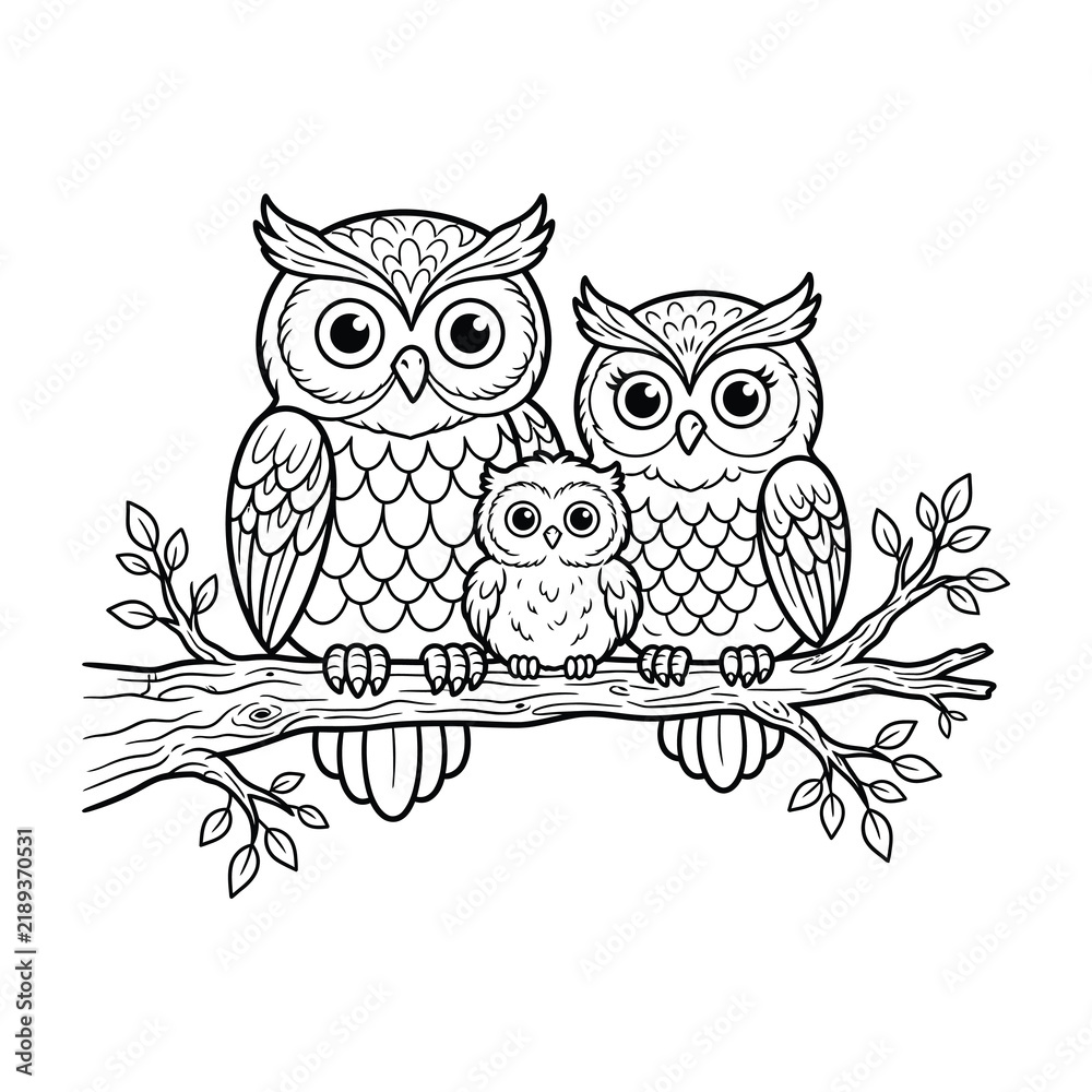 Fototapeta premium Owl Family Coloring Page: Adult and Baby Birds on Branch with Leaves for Kids Activity Book