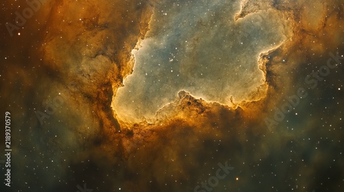 Swirling cosmic dust cloud with warm amber, gold, and beige tones floats amidst a dark expanse, representing space