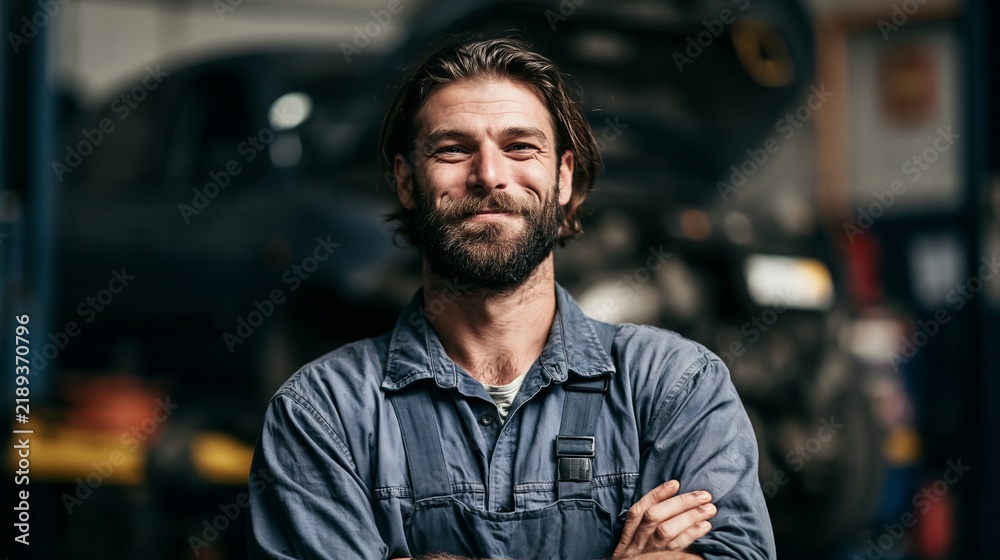 Fototapeta premium Confident bearded mechanic wearing blue coveralls standing inside an industrial automotive repair shop with soft lighting and professional smiling expression