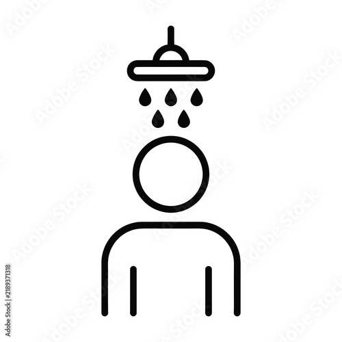 Black line icon of a person taking a shower. Water drops falling from shower head. Simple outline symbol for bathroom.