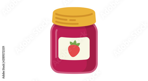 Strawberry jam jar with label is a flat vector illustration on a white background