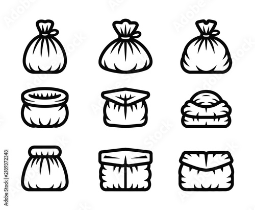 Black outline sack pouch and bag packaging vector icon set design