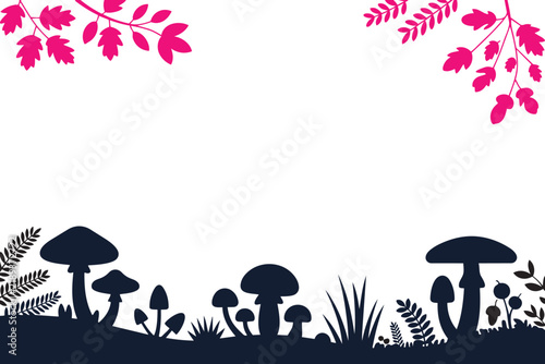 Enchanted forest scene featuring dark mushroom silhouettes and pink leafy branches in a whimsical composition