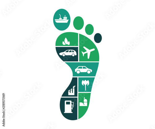 Environmental impact carbon footprint infographic showing various modes of transportation and industrial pollution icons